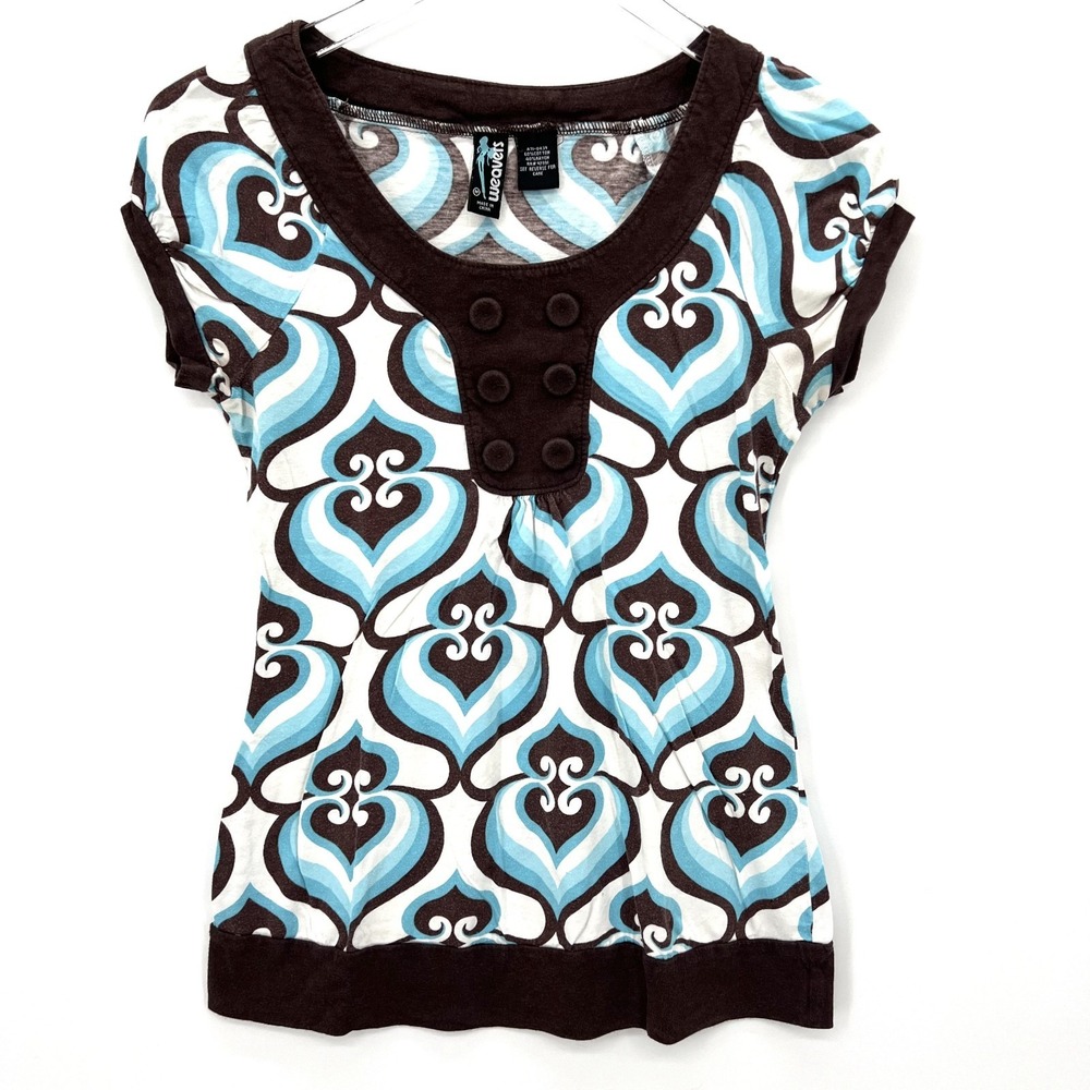 Vintage Y2K Weavers Babydoll‎ Top Size M Psychedelic 70s Print Blue Brown Blouse